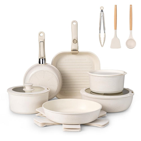 Detachable Handle Cookware Set 20 Piece - White - Nonstick Granite Coating, PFOA and PFOS Free, Induction Ready