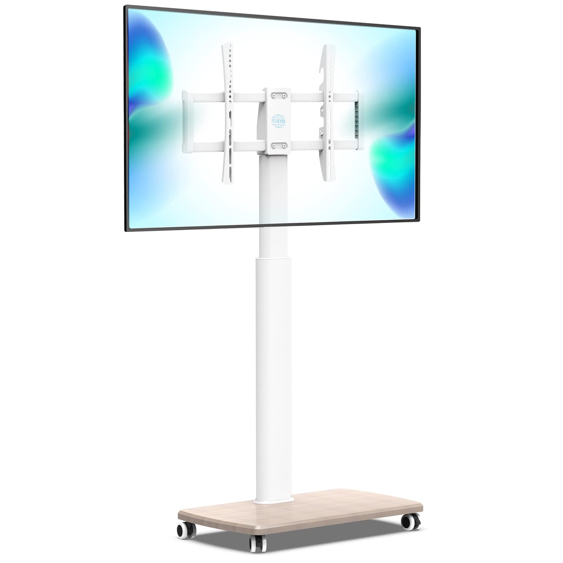 Tall Mobile TV Stand with Wood Base for 32-65 Inch TVs - White - Swivel Mount, Height Adjustable, on Wheels