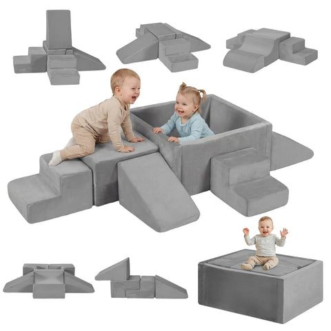 Soft Play Set 6 Piece - Grey - Ball Pit, Ramp, Steps and Slope, High-Density Memory Foam