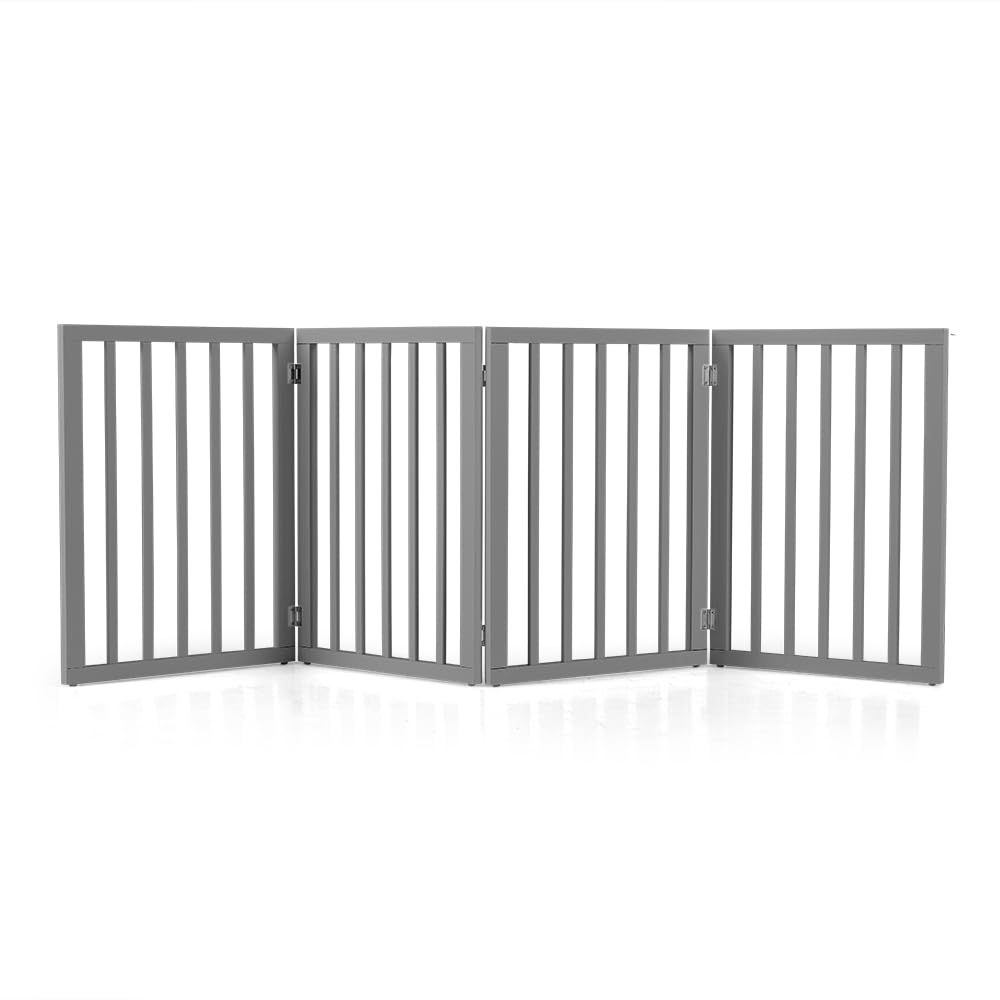 Foldable Dog Gate 4 Panel - Grey, 188 x 61cm - No Drill Freestanding, 180 Degree Hinges, MDF and Stainless Steel