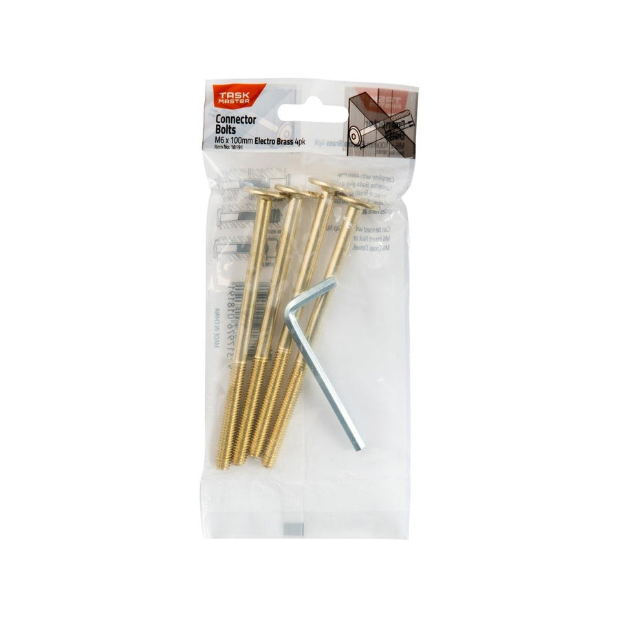 Taskmaster M6 Connector Bolts - 100mm - Electro Brass - 4 Pack - SuperSaverAU - view 1