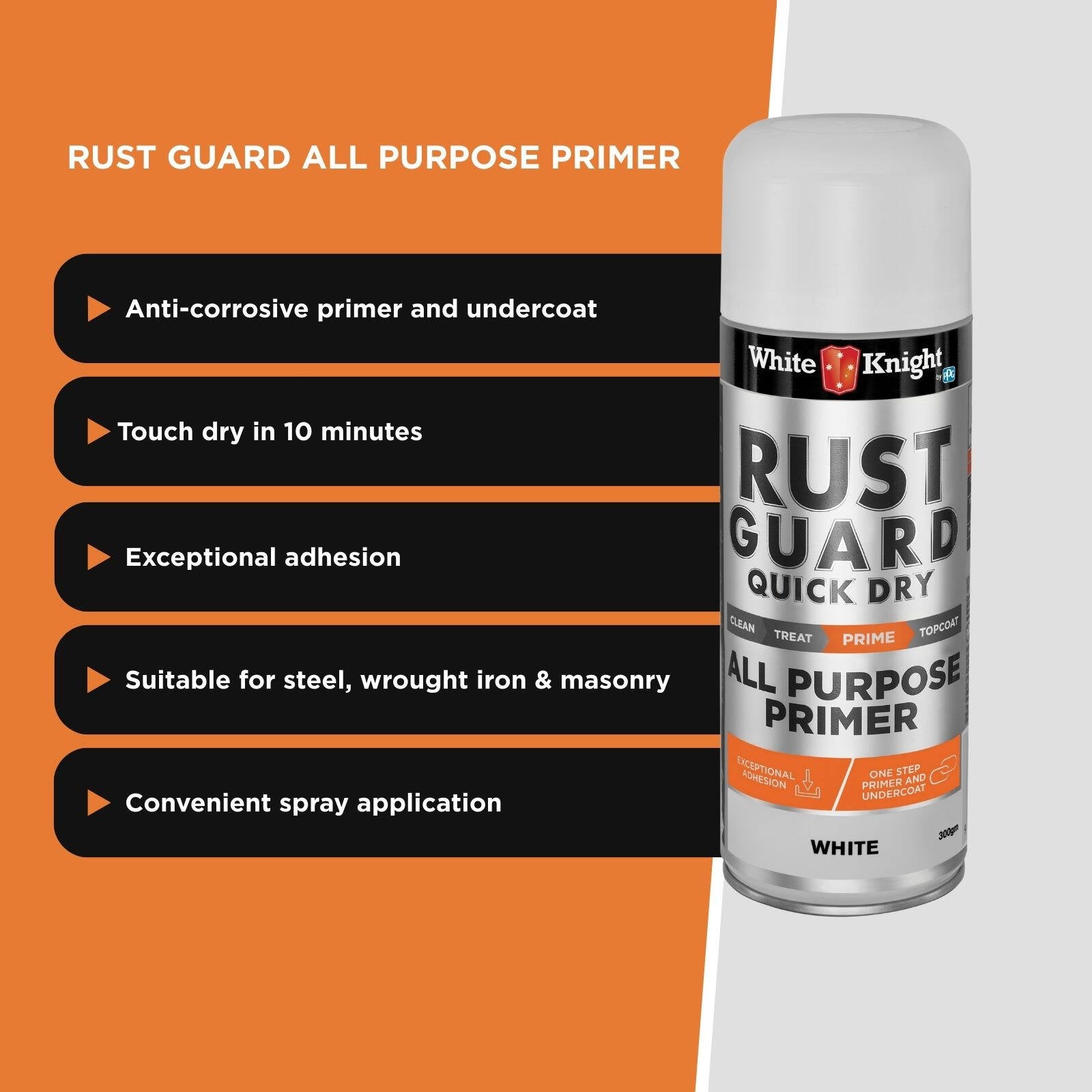 White Knight Rust Guard All Purpose Primer 300g - White Quick Dry Spray Paint