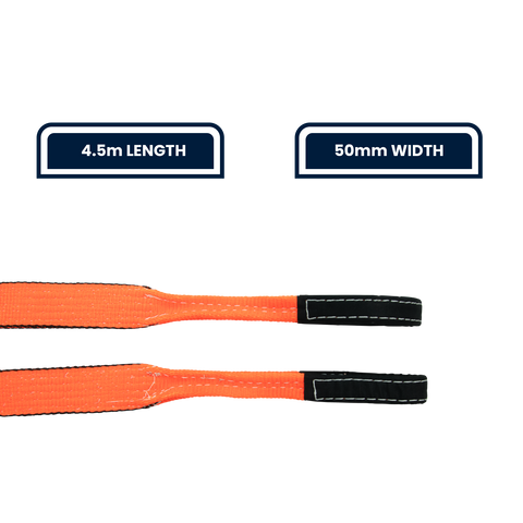 Grunt 50mm x 4.5m Heavy Duty Tow Strap, Orange Polyester, UV Protected, 2272kg Lashing Capacity