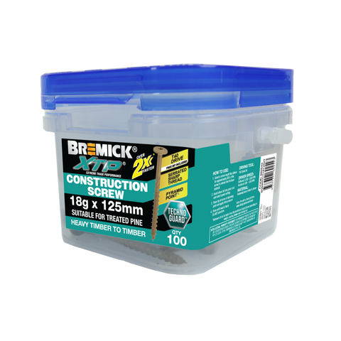 Bremick XTP Construction Screw 18g x 125mm - TechnoGuard Tan - 100 Pack - Serrated Washer Head - Pyramid Point - SuperSaverAU - view 1
