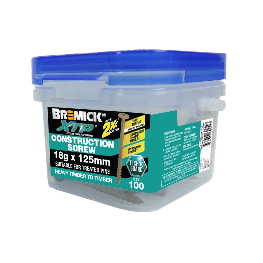 Bremick XTP Construction Screw 18g x 125mm - TechnoGuard Tan - 100 Pack - Serrated Washer Head - Pyramid Point - SuperSaverAU - view 1