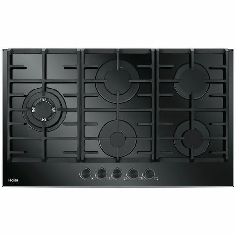 Haier 90cm Natural Gas Cooktop - Tempered Black Glass, Five Burners, Triple Ring Wok Burner - HCG905WFCG3