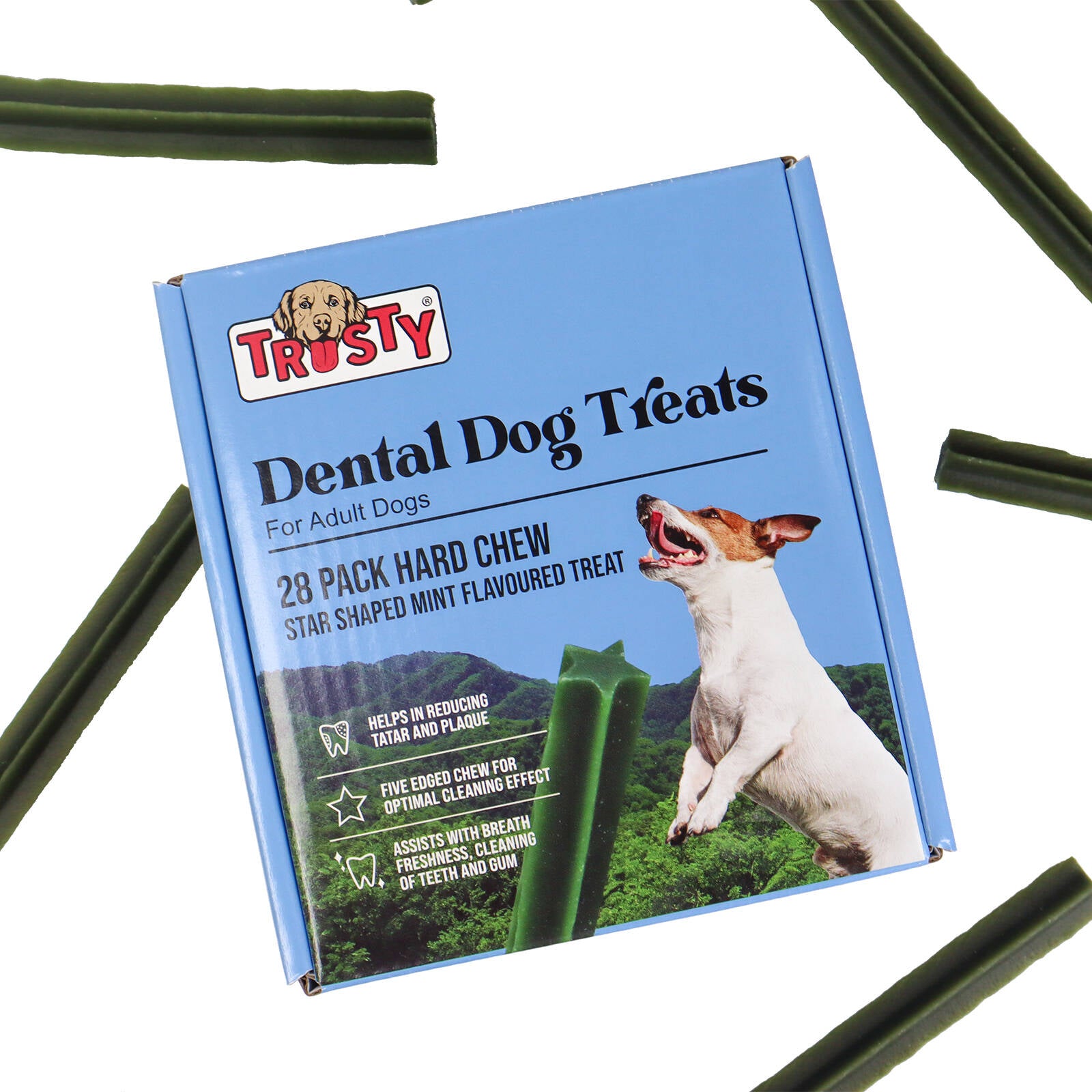 Trusty 28 Pack Star Shaped Mint Flavoured Hard Dental Chew Stick Dog Treats 504g