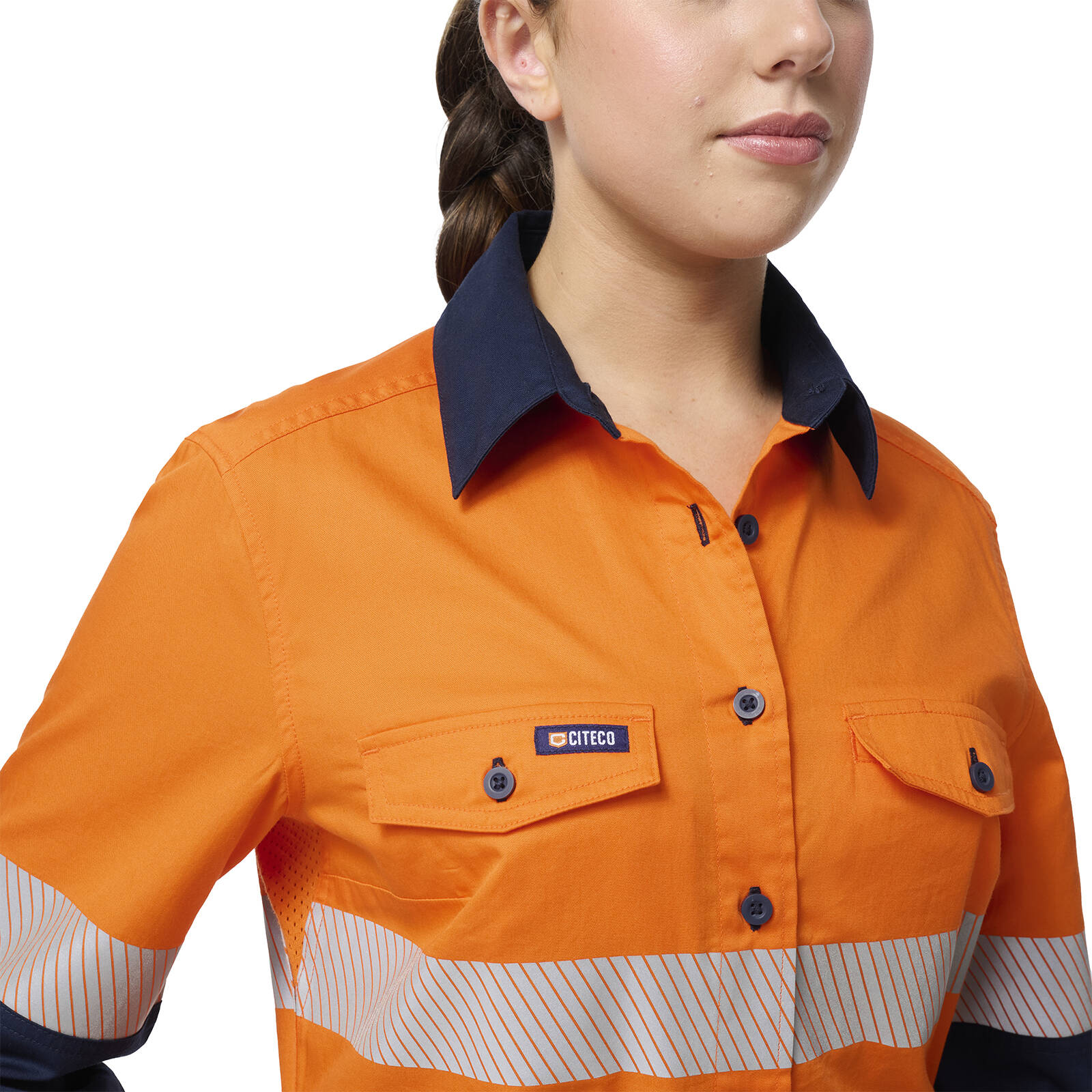 Citeco Women's Orange/Navy Hi Vis Taped Long Sleeve Shirt - Cotton, Size 16