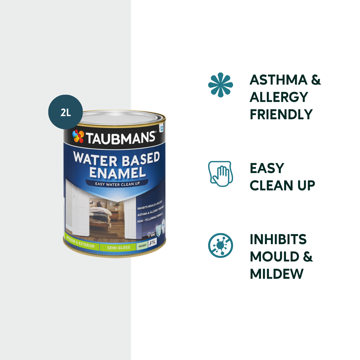 Taubmans 2L Accent Semi Gloss Water Based Enamel Paint - 2L - Non-Yellowing Finish - SuperSaverAU - view 2