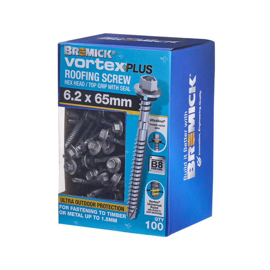 Bremick Vortex Plus Roofing Screw 6.2 x 65mm - 100 Pack - Hex Head - Durable - SuperSaverAU - view 1