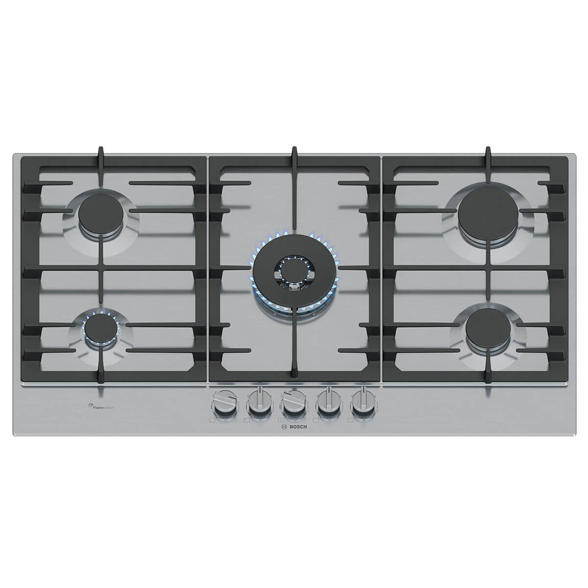Bosch 90cm Series 6 Gas Cooktop - Five Burners, FlameSelect, Dual Flame Wok Burner - PCR9A5I90A