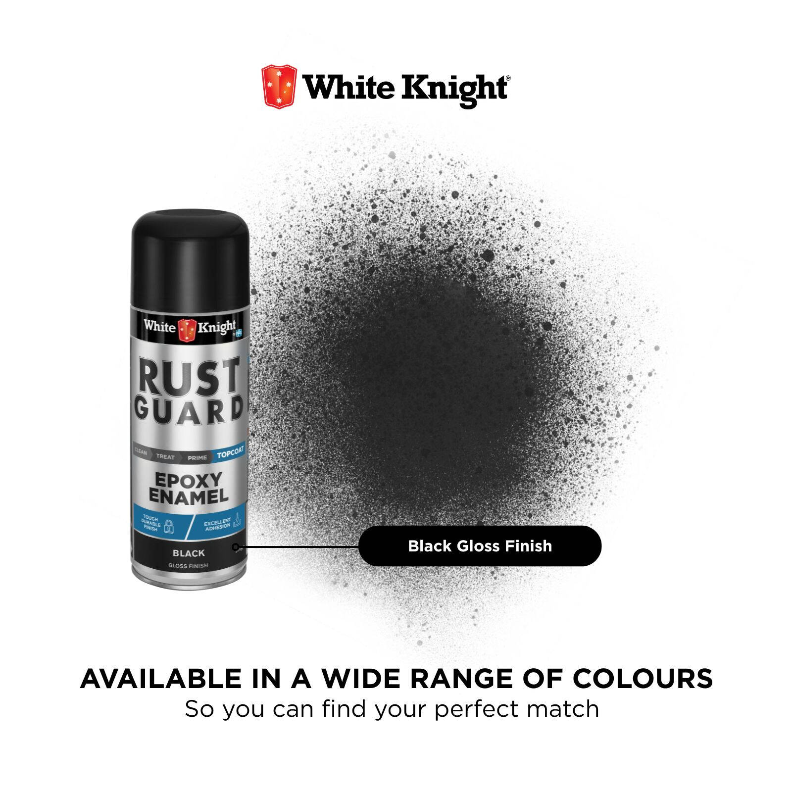 White Knight Rust Guard Epoxy Enamel Spray Paint 310g - Black Gloss, Solvent Based Metal Finish