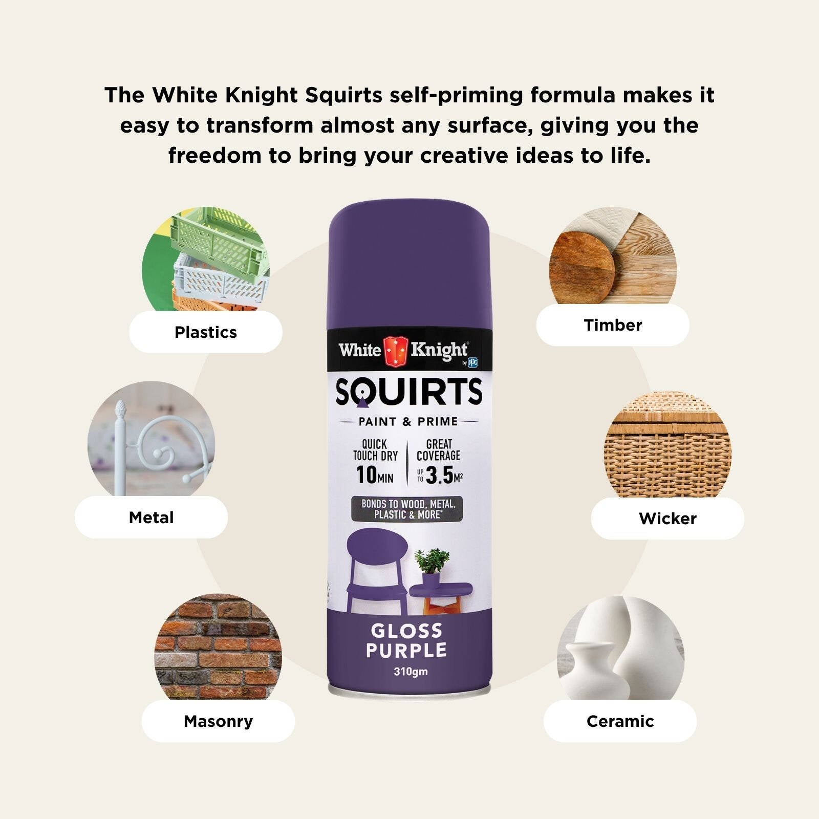 White Knight Squirts Purple Gloss Spray Paint 310g - Solvent-Based Paint & Primer, UV Resistant