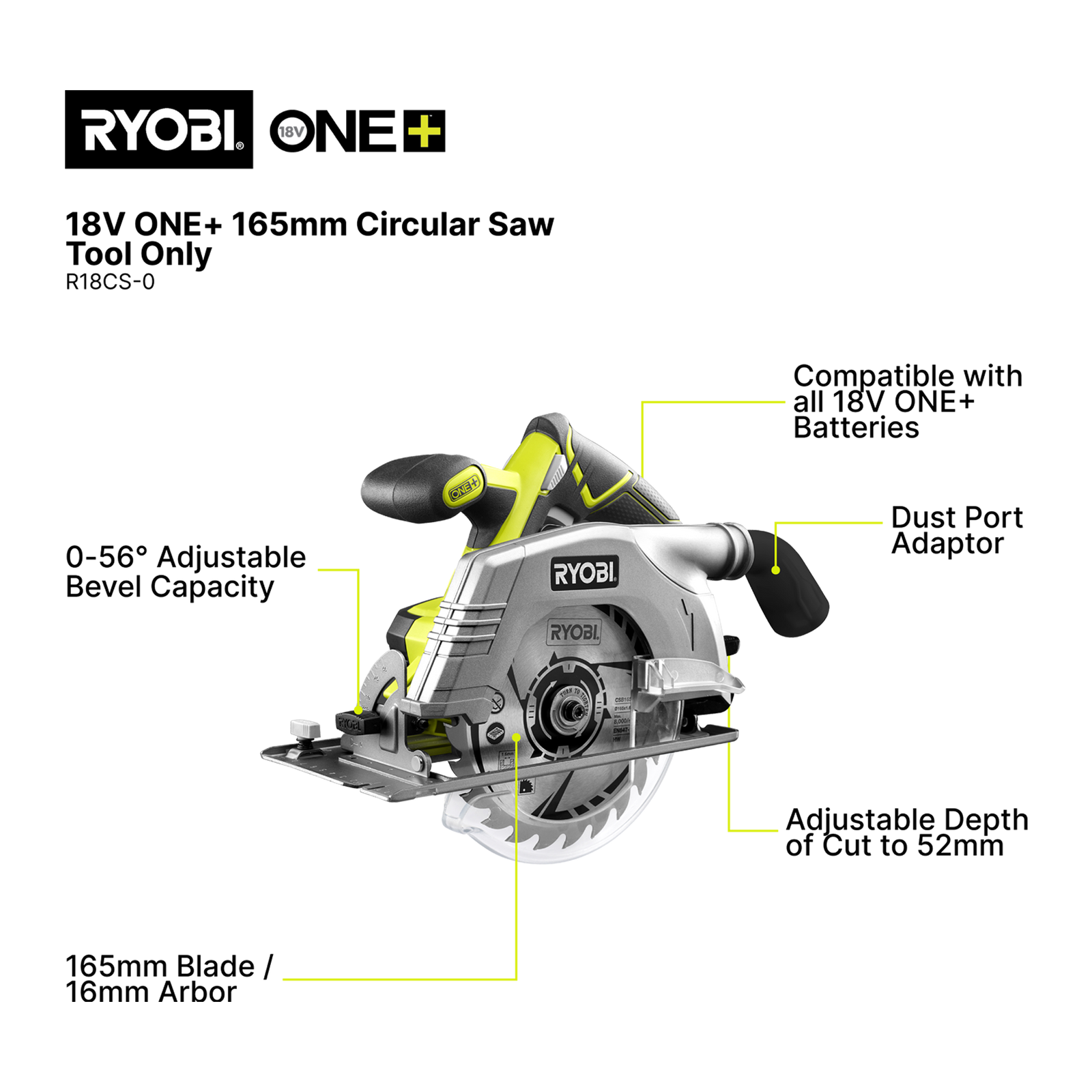 Ryobi 18V ONE+ 165mm Cordless Circular Saw, Skin Only, Hypergreen R18CS-0