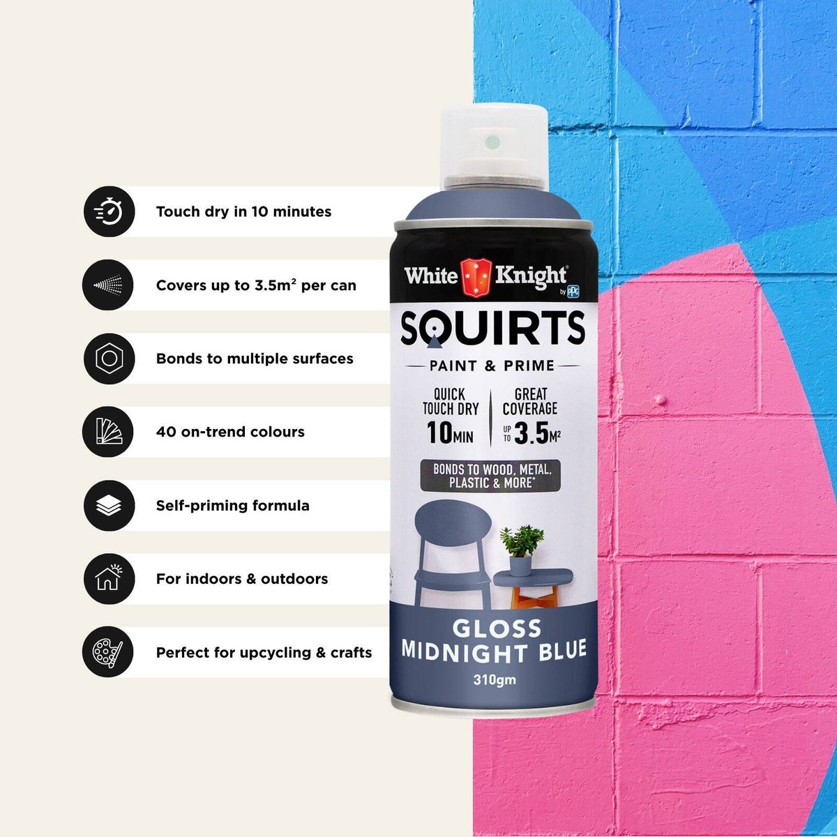 White Knight Squirts Midnight Blue Gloss Spray Paint 310g Durable Finish - SuperSaverAU - view 5
