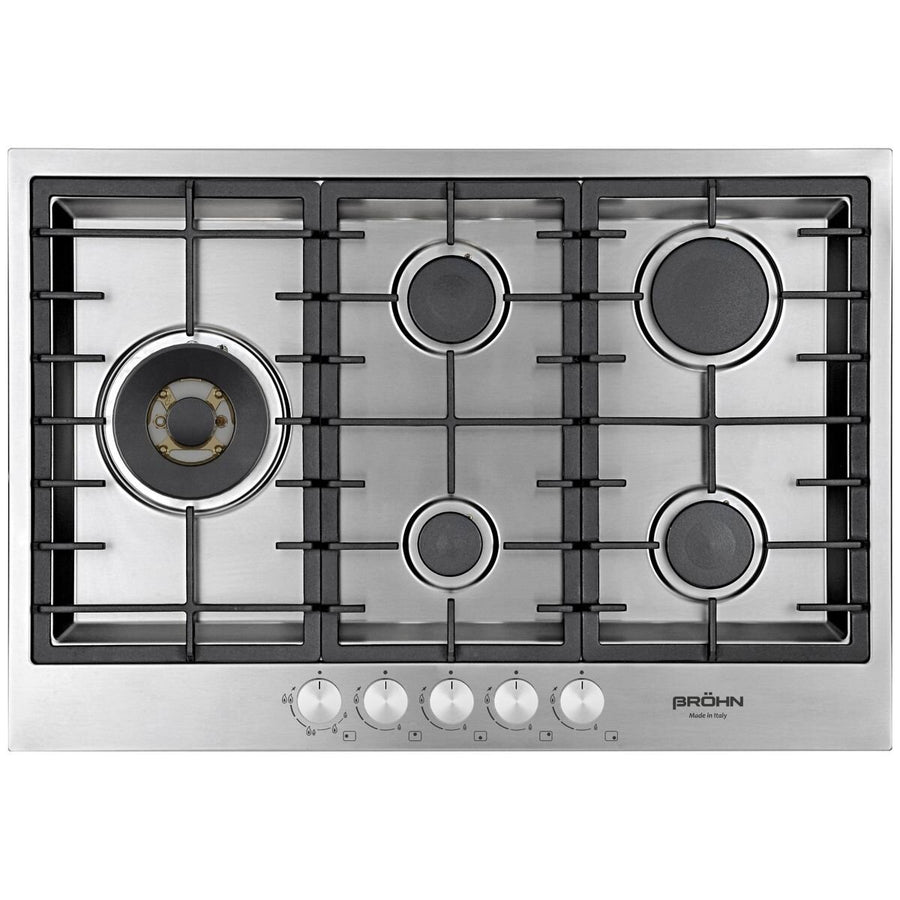 Brohn 75cm Stainless Steel Gas Cooktop - Made in Italy, 21.6MJ/h Wok Burner, Five Burners - BRGC756IT