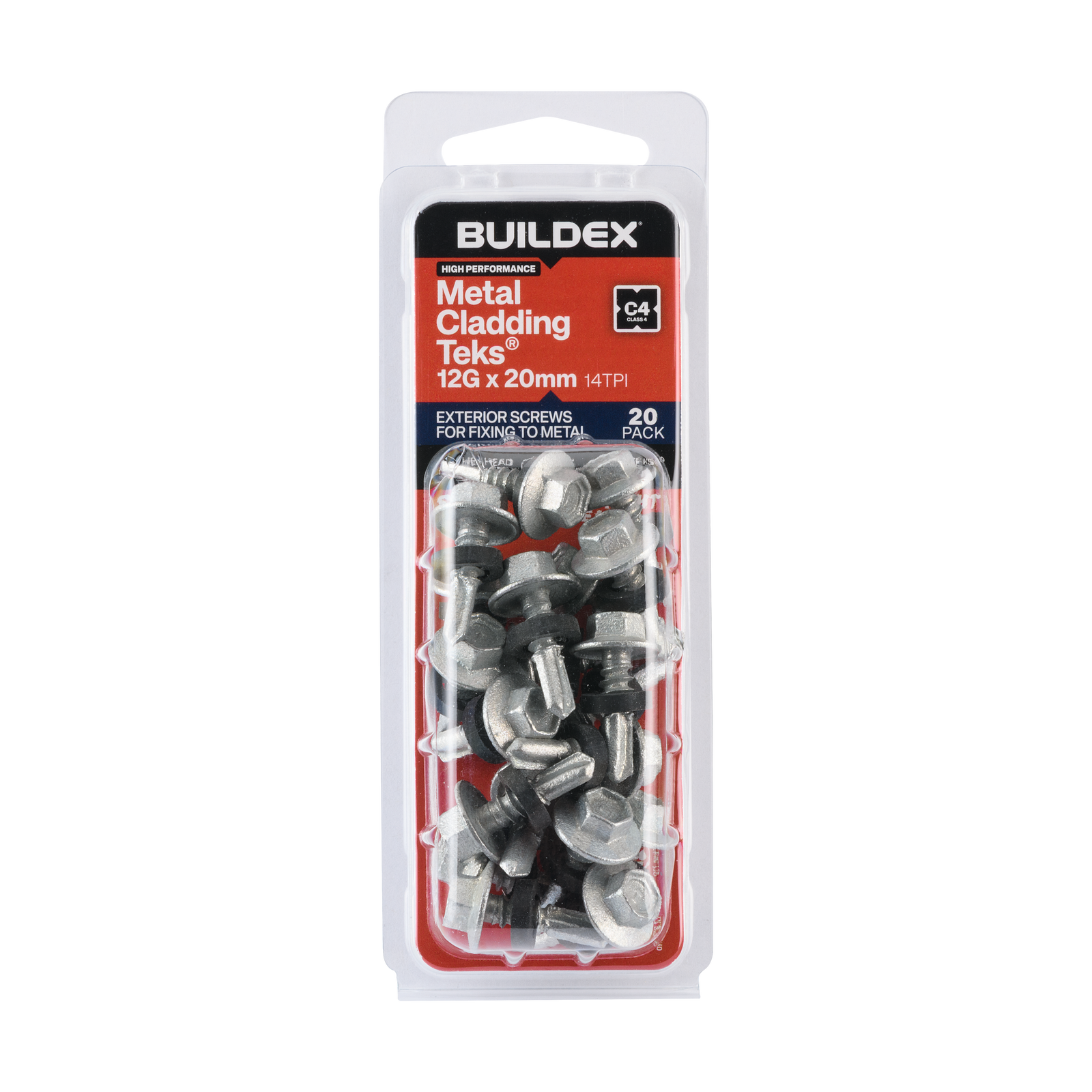 Buildex 12G x 20mm Class 4 Metal Cladding TEKS Screws with Seal, Hex Head - 20 Pack
