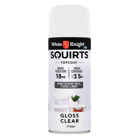 White Knight Squirts Clear Gloss Spray Paint 310g - Solvent-Based Clear Topcoat, UV Resistant