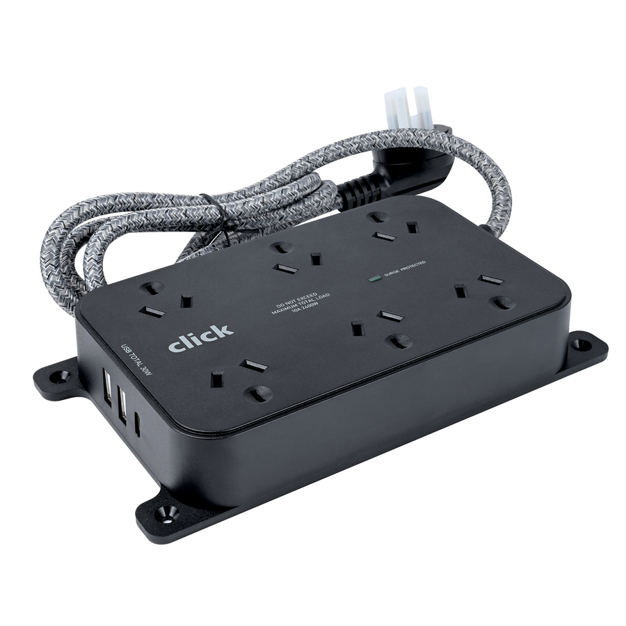 Click 6 Outlet Powerboard, White, Compact Multi-Device Power, CKHP570B