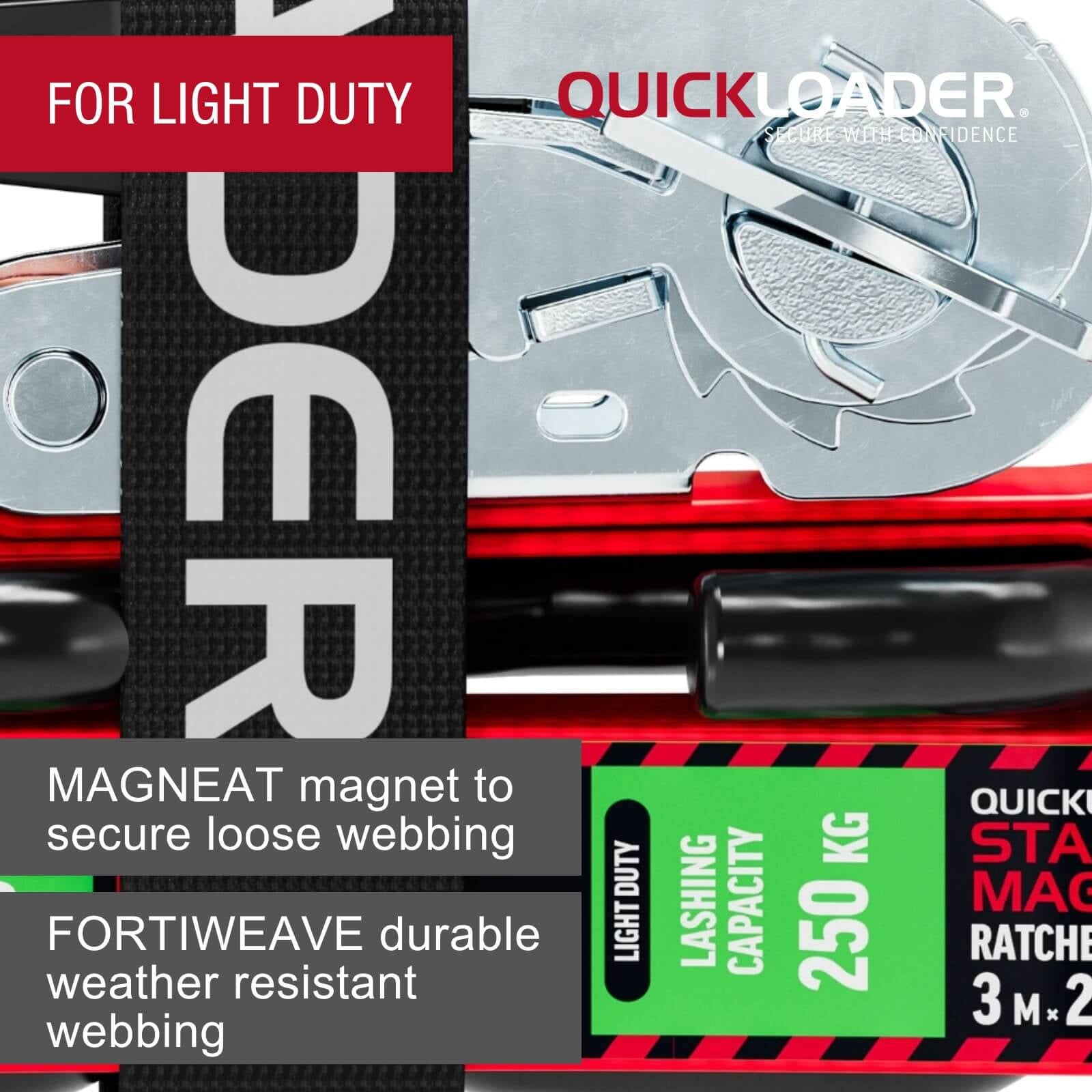 Quickloader 3m 250kg Magnet Ratchet Tie Down Strap - Red/Black