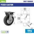 Easyroll 100mm Grey Rubber Fixed Plate Castor, Indoor, 55kg