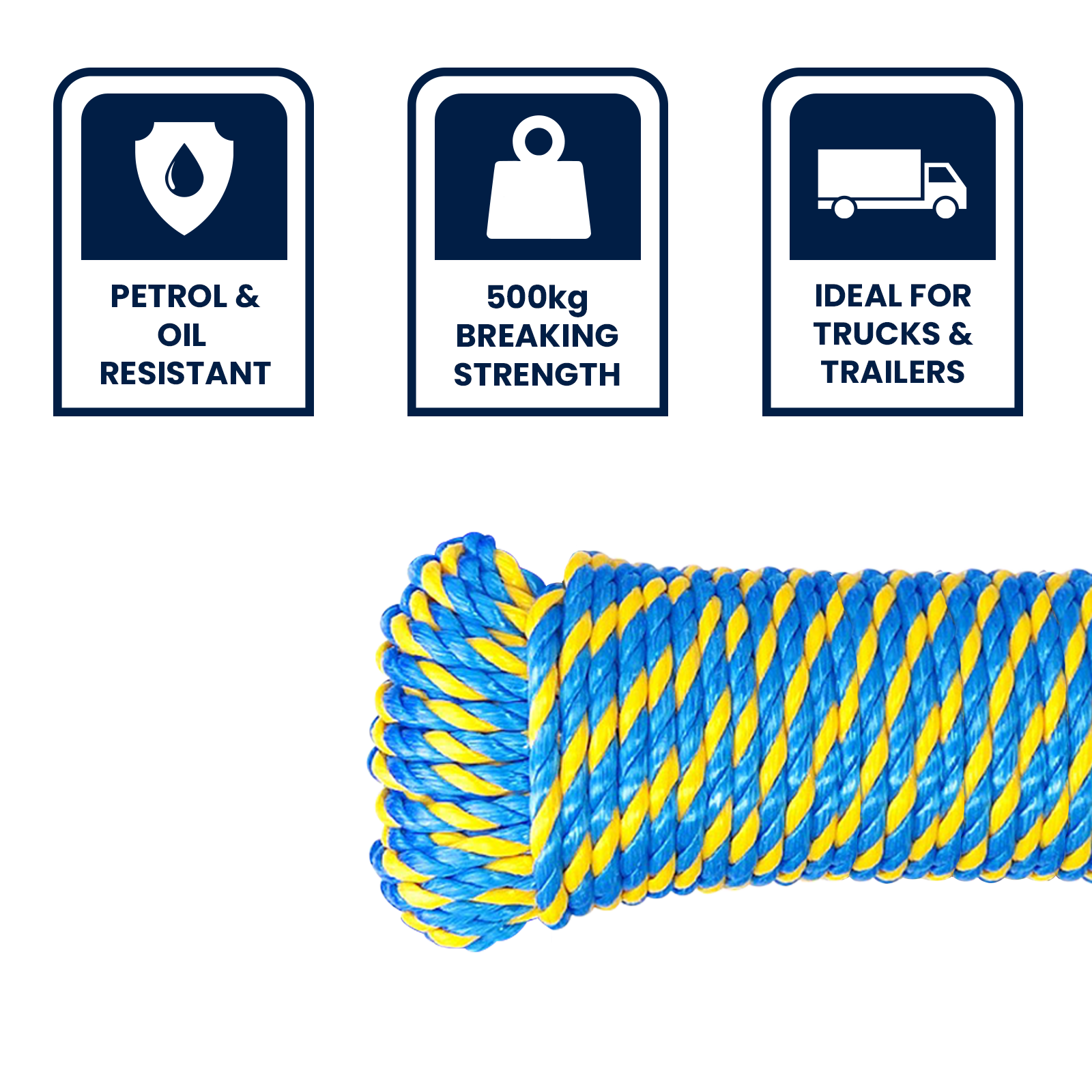 Grunt 6mm x 40m Telco Rope, Blue with Yellow, Twisted Polypropylene, 550kg Break Strength