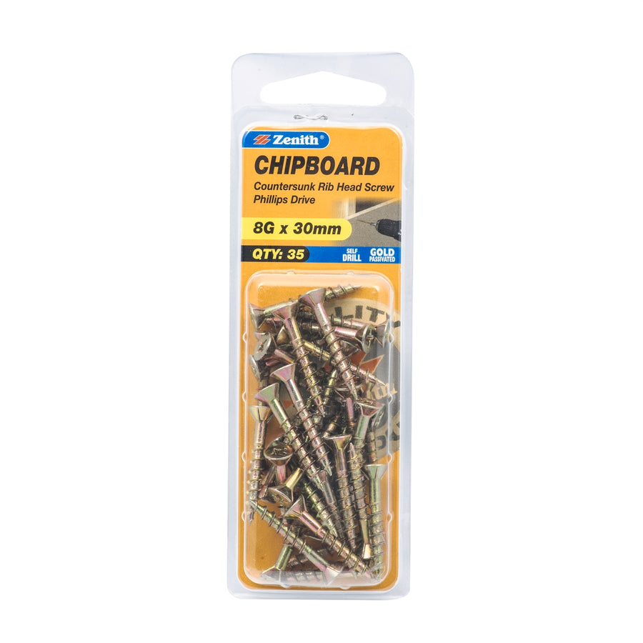 Zenith 8G x 30mm Gold Passivated Countersunk Rib Head Chipboard Screws - 35 Pack