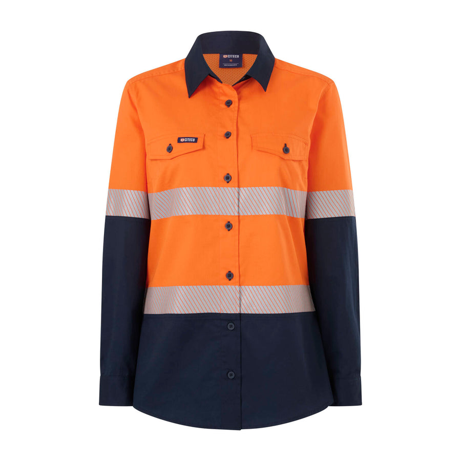 Citeco Women's Orange/Navy Hi Vis Taped Long Sleeve Shirt - Cotton, Size 8