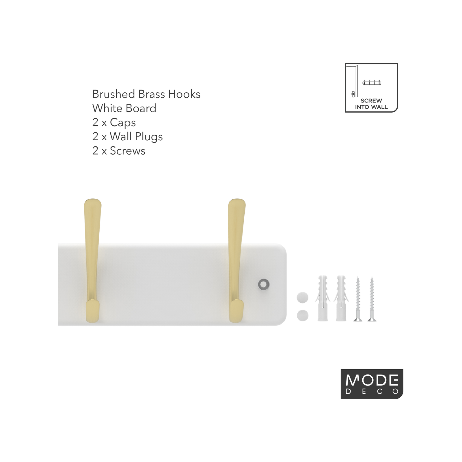 MODE Hat & Coat Rack - 6 Brushed Brass Hooks on White Board