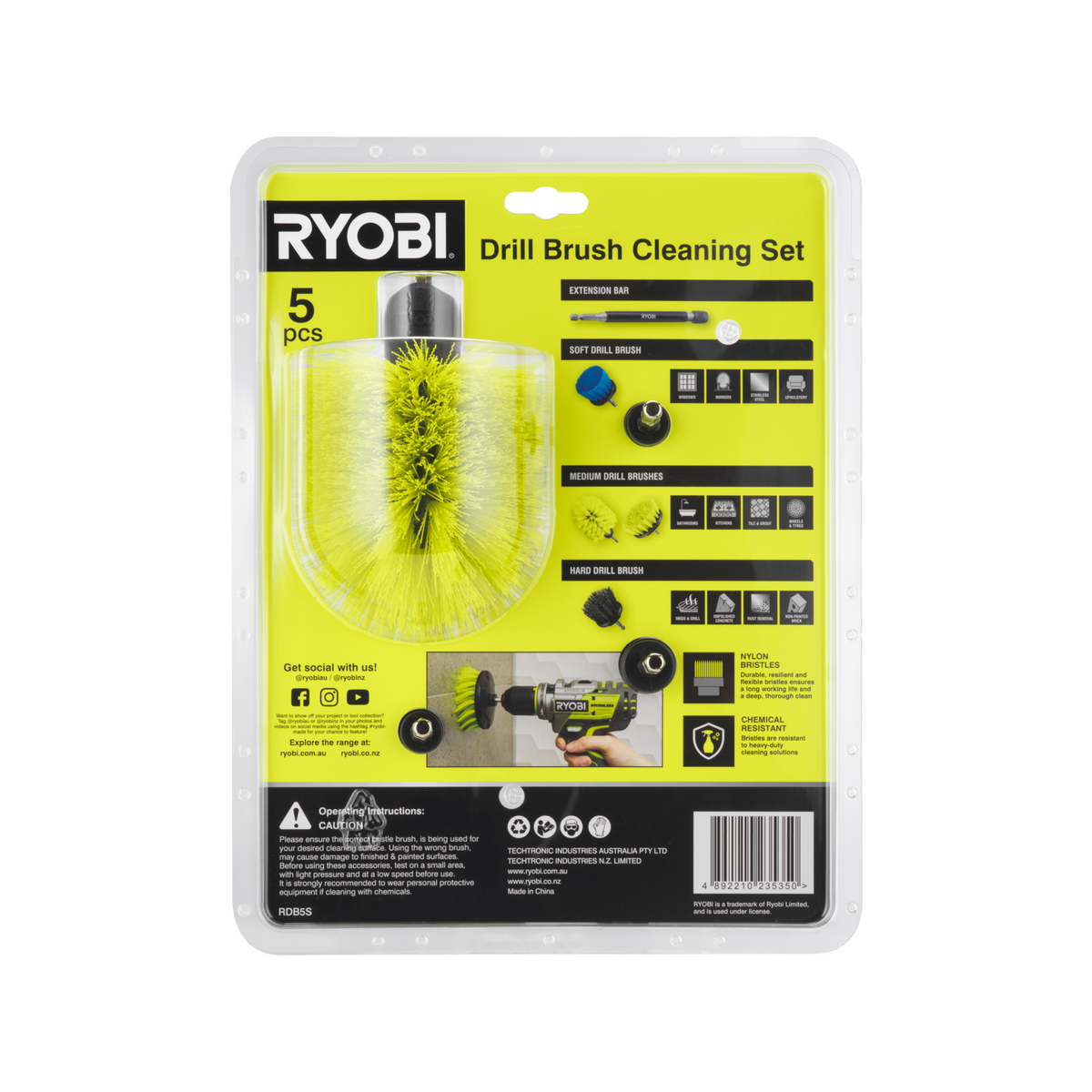 Ryobi 5 Piece Drill Brush Set - 285mm x 90mm x 218mm - Versatile Cleaning Tools - SuperSaverAU - view 4