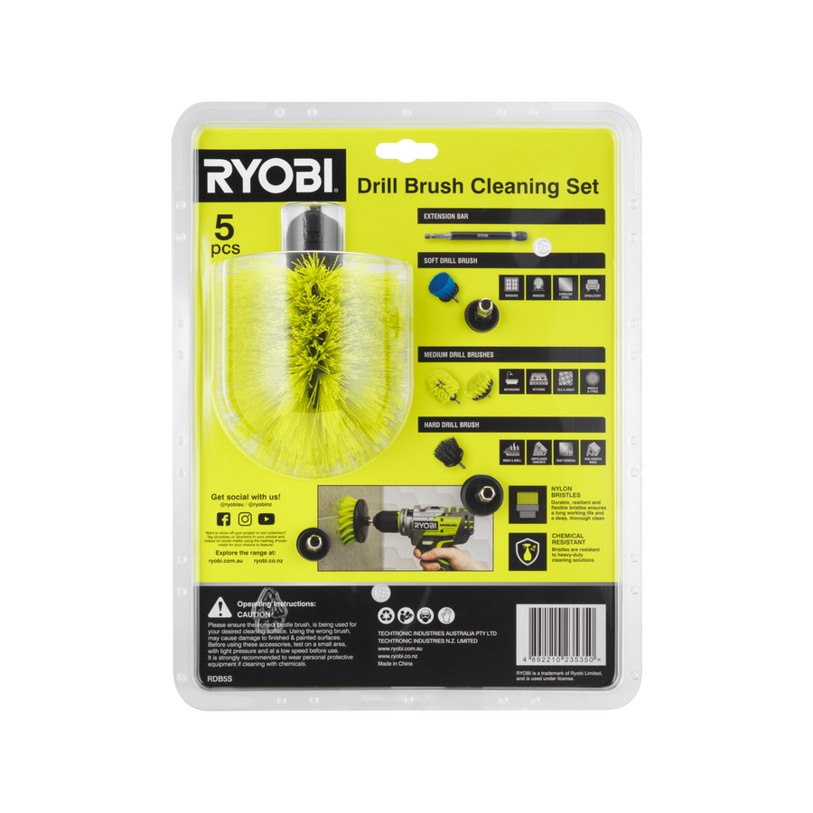 Ryobi 5 Piece Drill Brush Set - 285mm x 90mm x 218mm - Versatile Cleaning Tools - SuperSaverAU - view 4