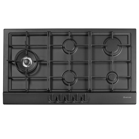 Artusi 90cm natural gas cooktop - 5 burners with wok, cast iron trivets, matte black - AGH91MB