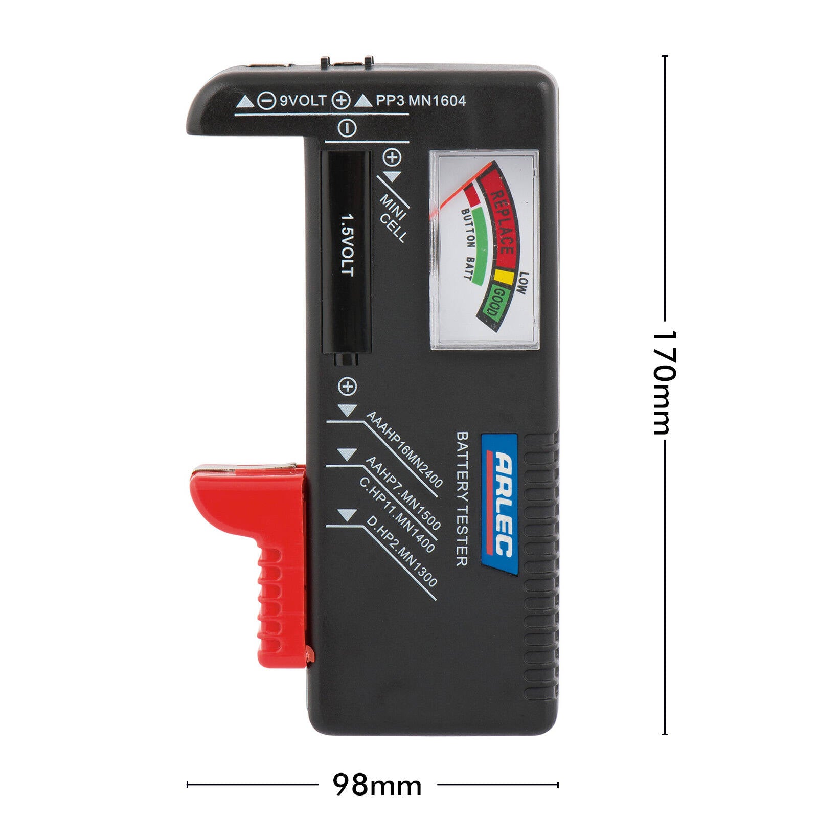 Arlec Battery Tester for AA, AAA, C, D and 9V Batteries, Colour-Coded Meter, Grey