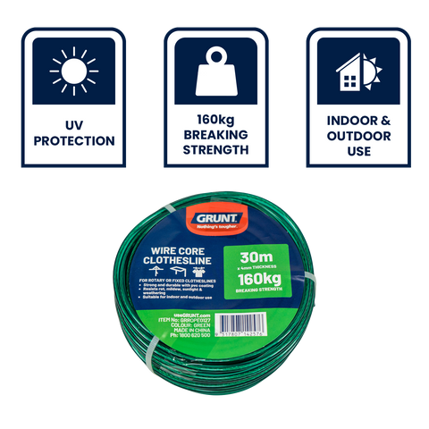 Grunt 4mm x 30m Green Clothesline Wire, PVC Coated, 160kg Break Strength, Weather Resistant