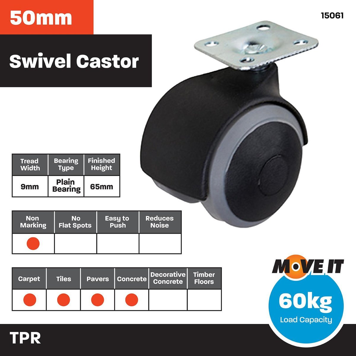 Moveit 50mm Hooded Grey Castor 2 Pack Steel Rubber Soft Tread - SuperSaverAU - view 3