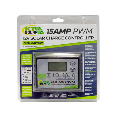 KT Solar 15A 12V PWM Solar Controller, Dual Battery Charging, White KT70762