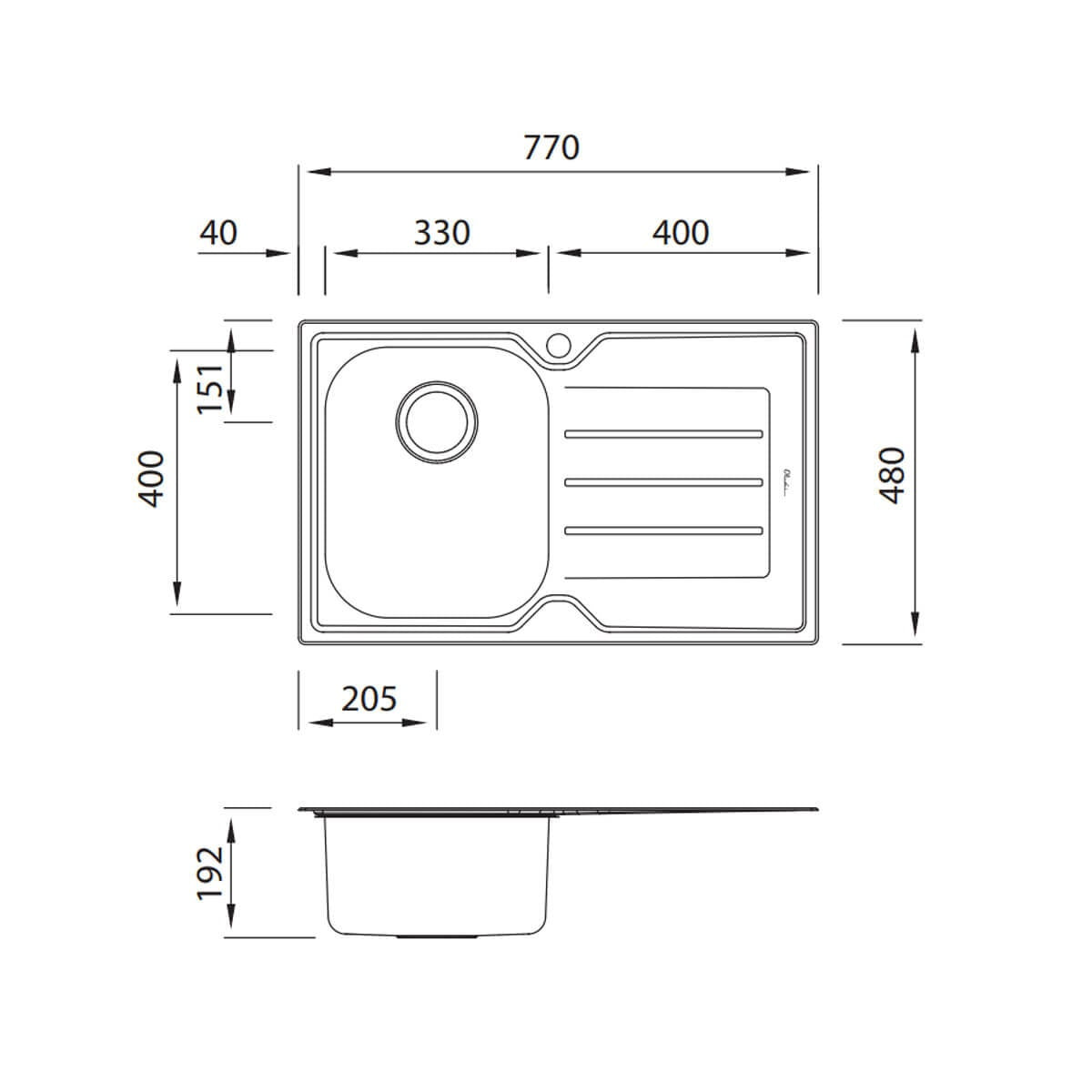 Oliveri Flinders Single Bowl Topmount Sink with Right Hand Drainer - 770mm Stainless Steel - FL121-NTH