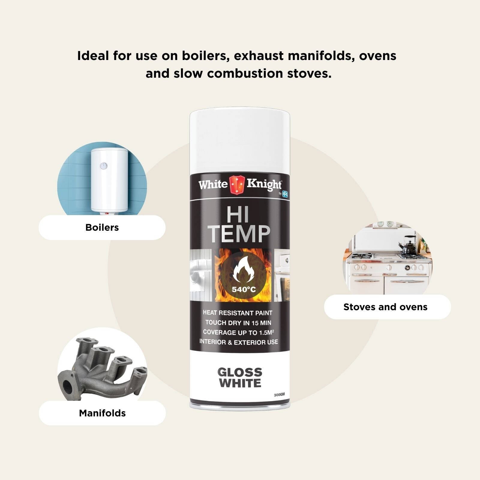 White Knight Hi Temp Heat Resistant Spray Paint 300g - White Gloss, Solvent Based for Stoves & Manifolds
