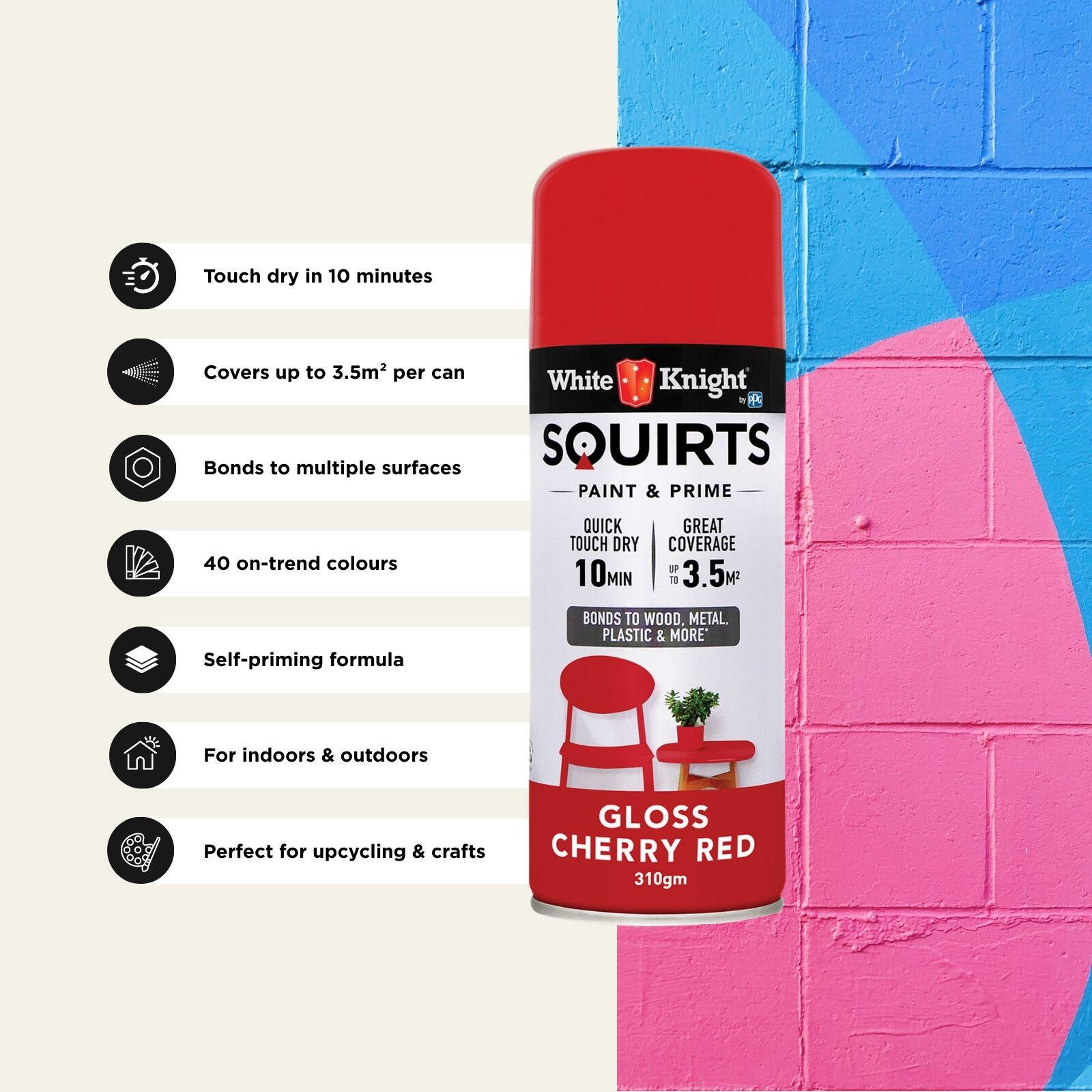 White Knight Squirts Cherry Red Gloss Spray Paint 310g - Solvent-Based, UV Resistant