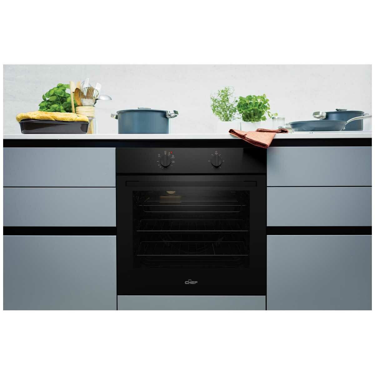 Chef 60cm Electric Fan Forced Built-In Oven - 80L, 3 Functions, 10A Plug and Play, Black - CVE612DB