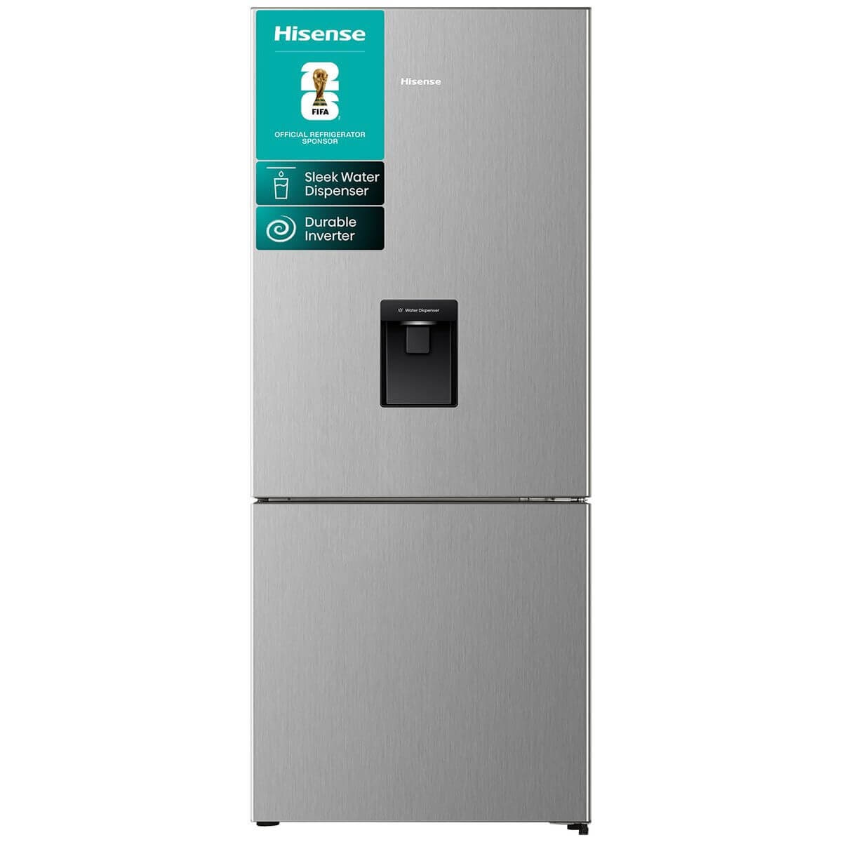 Hisense 415L Bottom Mount Fridge - Non-Plumbed Water Dispenser, Stainless Steel, 5 Star Energy - HRBM419SW