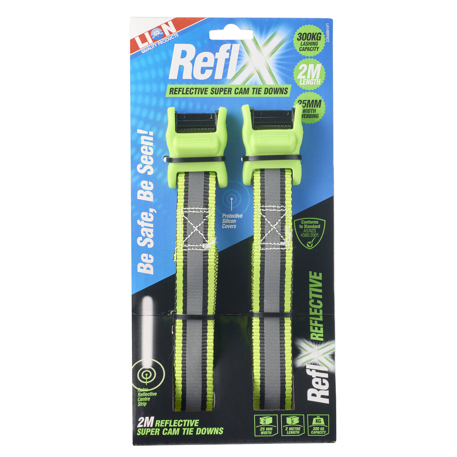 Lion 2m 300kg Green Reflective Cambuckle Tie Down 2 Pack