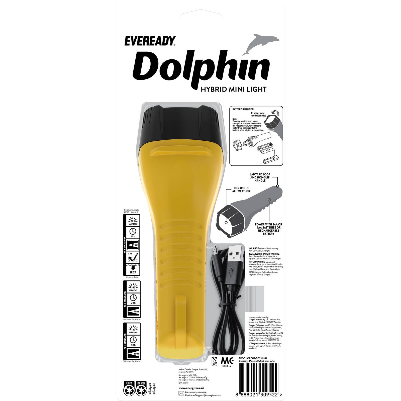 Eveready Dolphin Hybrid Rechargeable Floating LED Flashlight 225 Lumen YLHH41