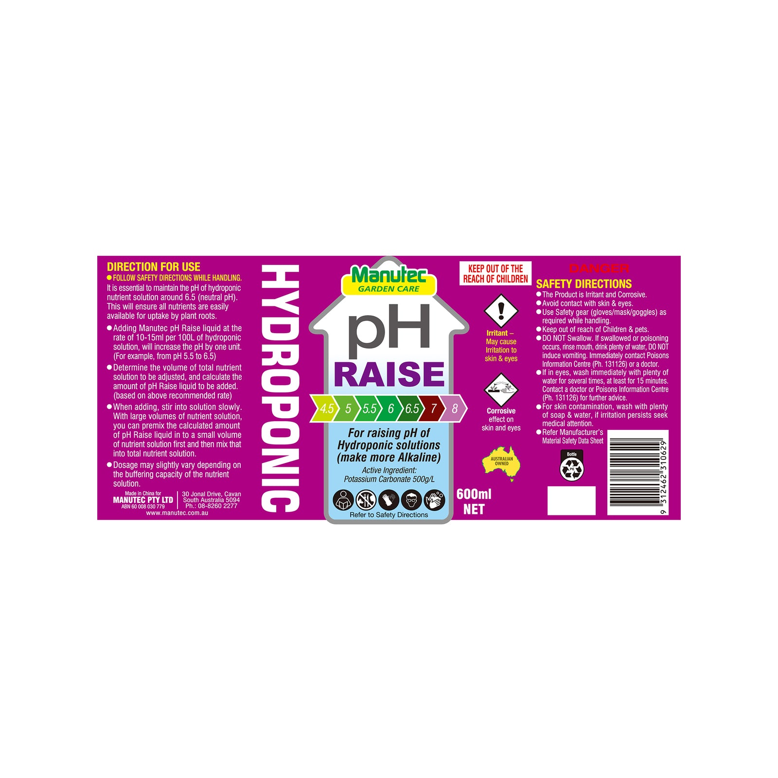 Manutec 600ml Hydroponic pH Raise Alkaline Liquid