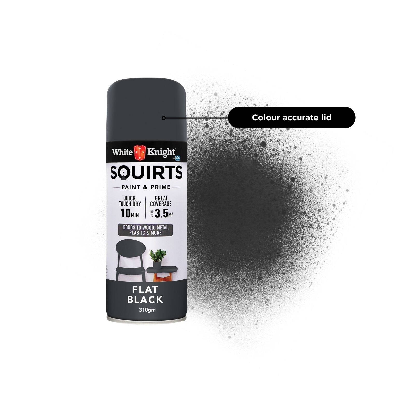 White Knight Squirts Black Flat Spray Paint 310g - Solvent-Based Paint & Primer, Waterproof