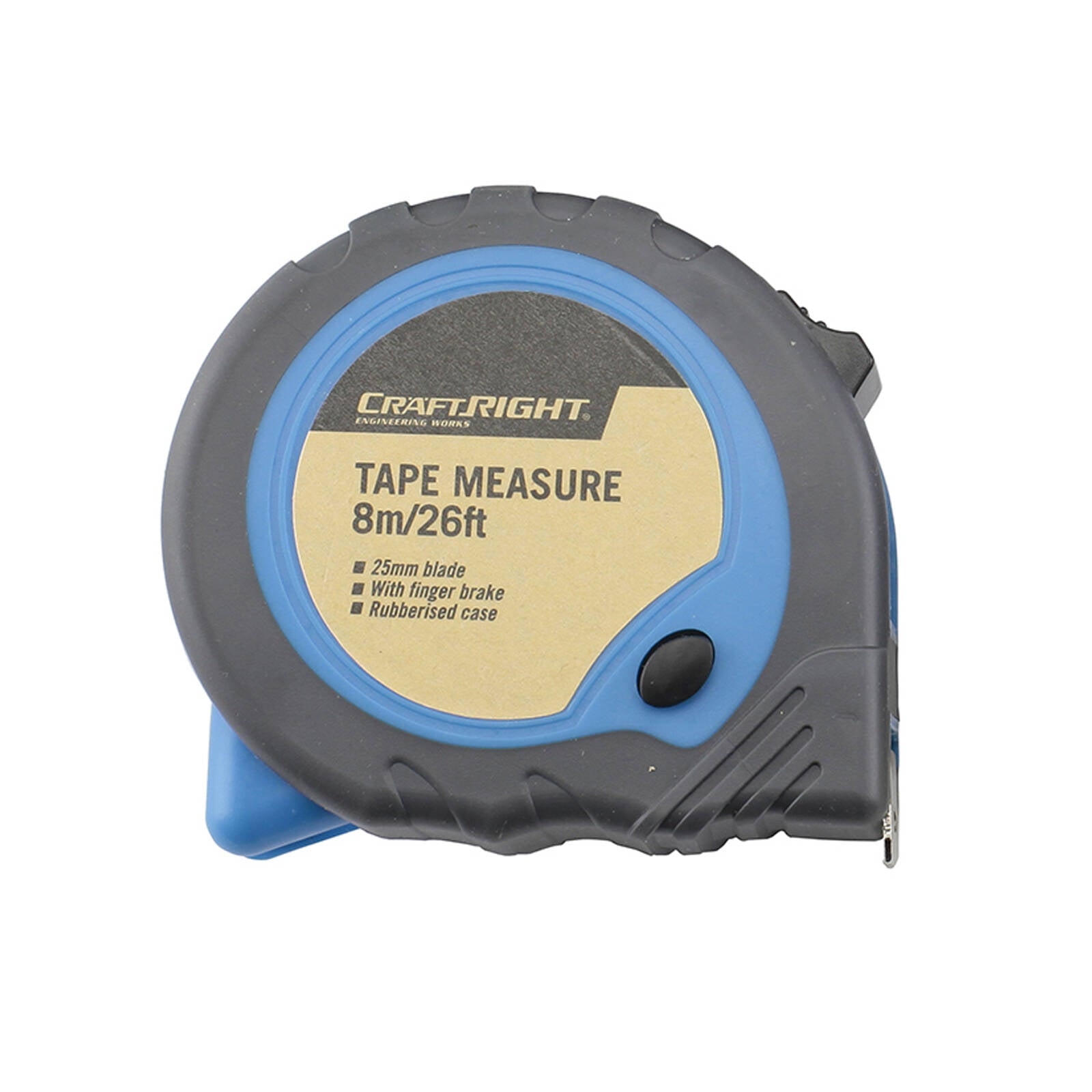 Craftright 8m Tape Measure, Lockable Blade, Rubberised Case, Belt Clip, Orange/Black