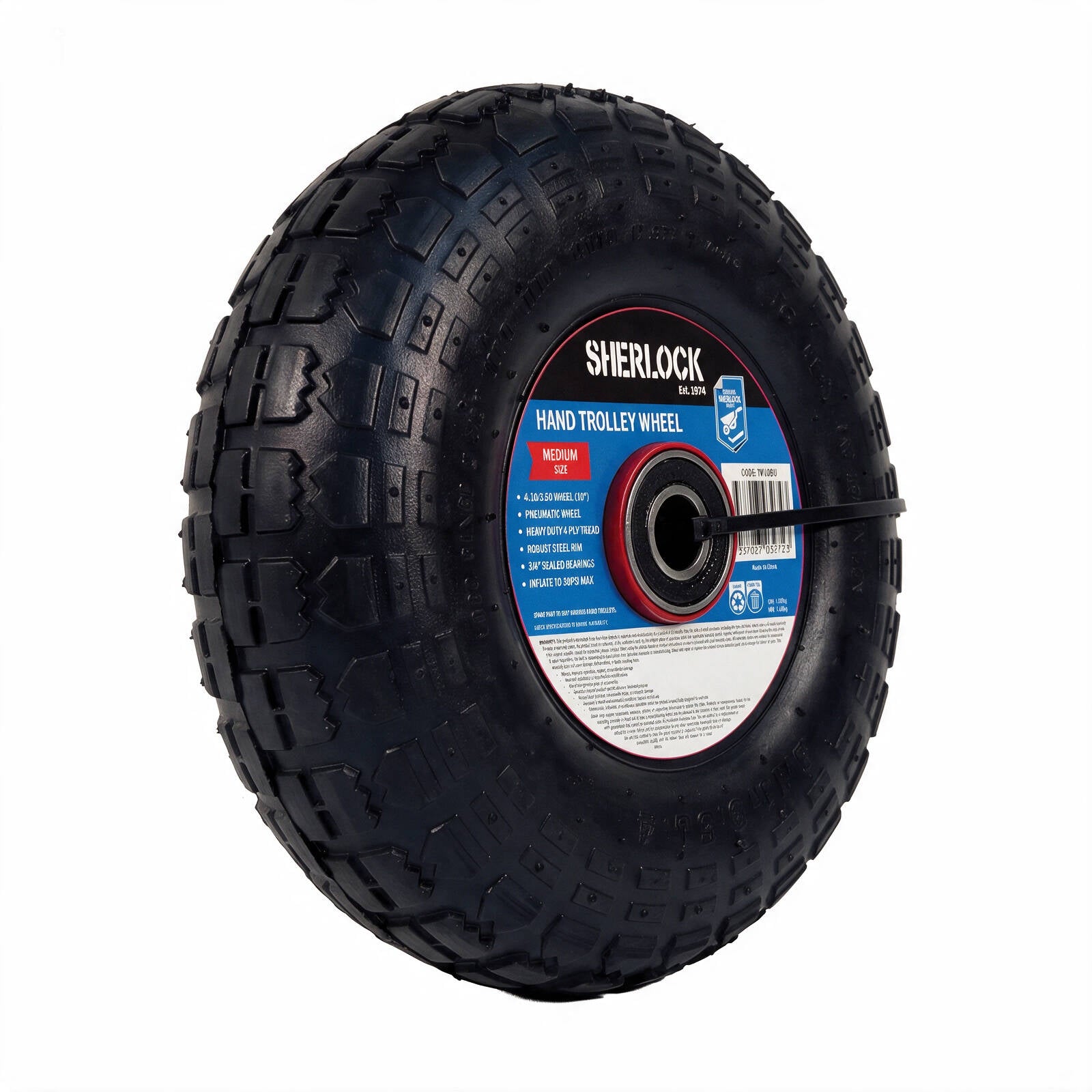 Sherlock Medium Trolley Wheel Assembly, 4.10/3.5-4, Steel Rim, 4 Ply Pneumatic Rubber Tyre