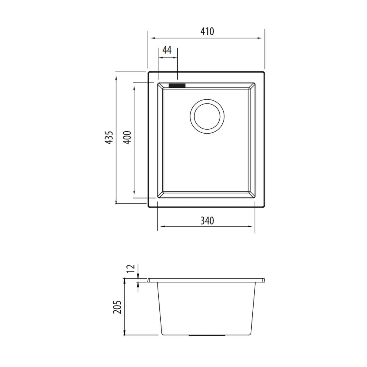 Oliveri Santorini black single bowl undermount sink - 27L, granite and quartz, with overflow - ST-BL1530U-OF