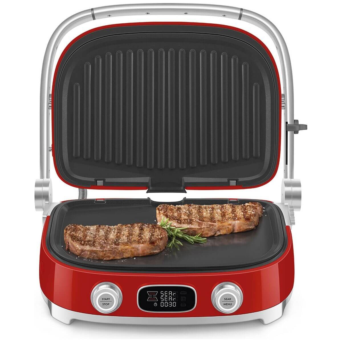 Smeg 50s Style Countertop Multifunctional Grill - Red, 2000W, Ceramic Plates, Drip Tray - MGF01RDAU