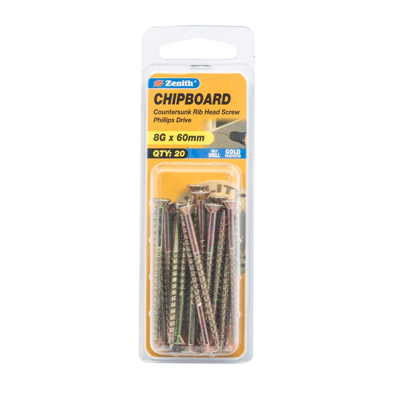 Zenith 8G x 60mm Gold Passivated Countersunk Rib Head Chipboard Screws - 20 Pack